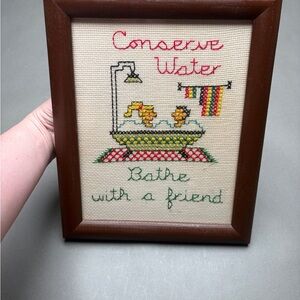 Funny Cute Vintage Cross-Stitch 'Conserve Water' Framed Bathroom Wall Art